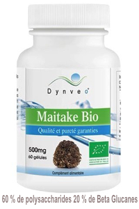 Maitaké bio standardisées à 60% de polysaccharides et 20 % de béta-glucane.Flacon de 60 gélules de 500 mg